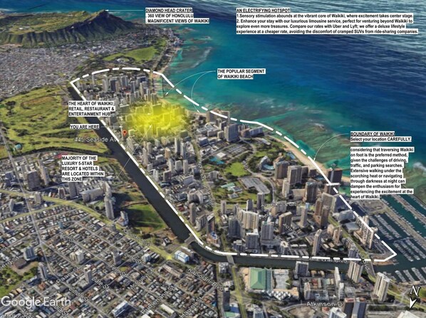An aerial view of Waikiki Beach, highlighting the Diamond Head Crater, the popular segment of Waikiki Beach, and the boundary of Waikiki.