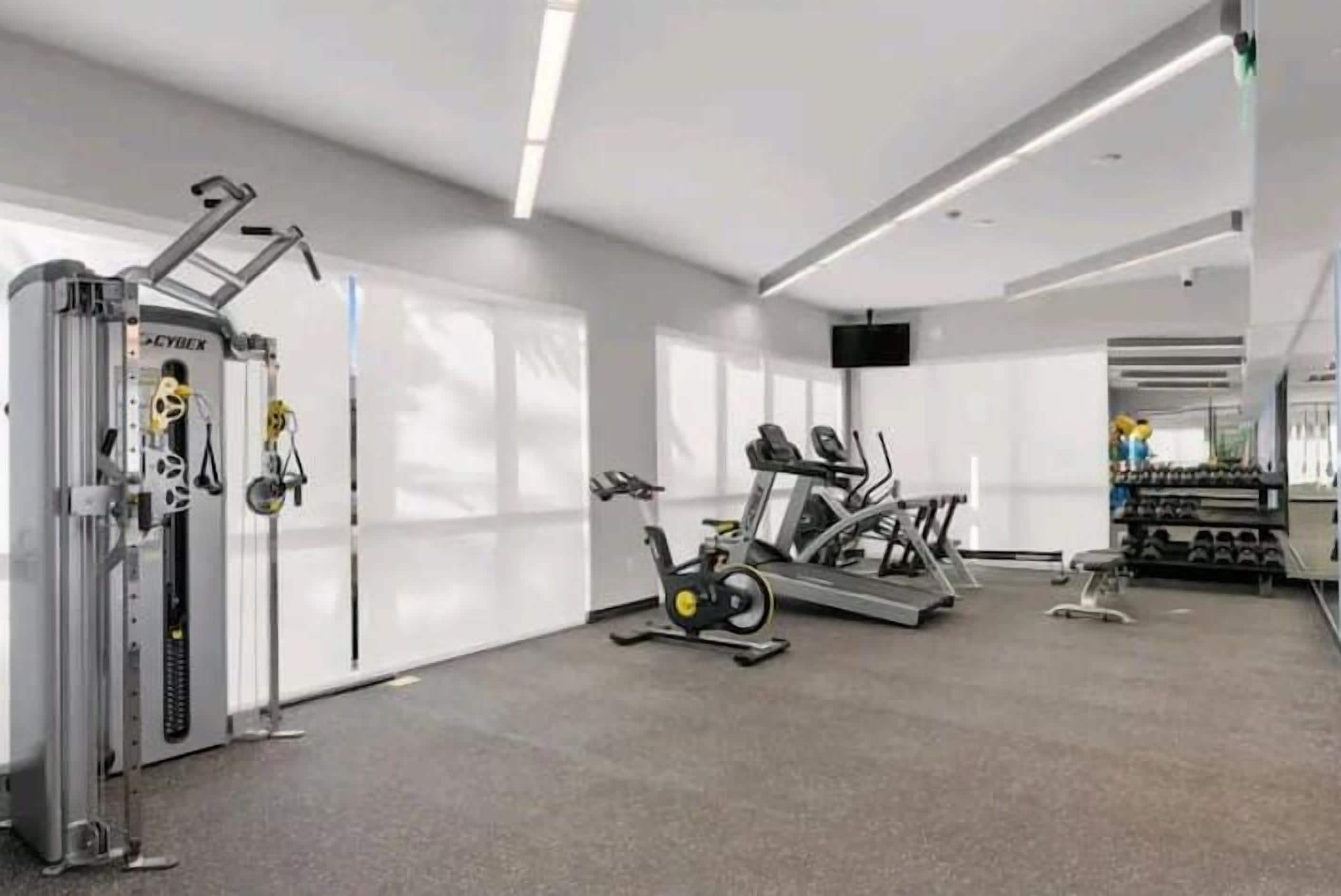 A gym with cardio machines, weightlifting equipment, and a treadmill.