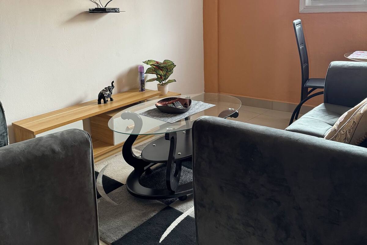 Un salón moderno con un televisor de pantalla plana montado en la pared, una mesa de centro de vidrio, dos sillones grises, una pequeña mesita de noche con una planta y una ventana con barandillas de hierro decorativas.