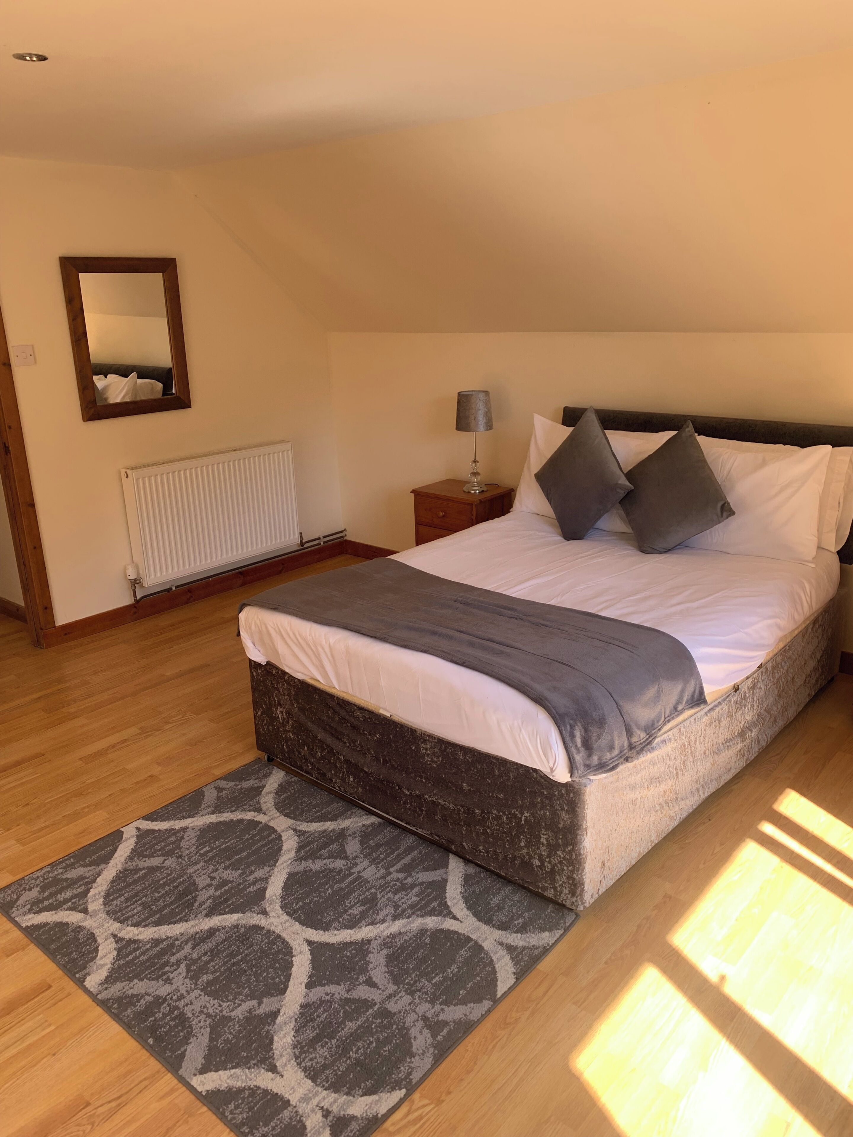 A bedroom with a bed, a nightstand, a lamp, a mirror, and a radiator.