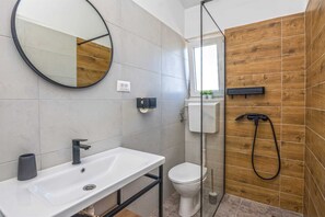 Bathroom features a modern sink, toilet, and shower with a glass door.