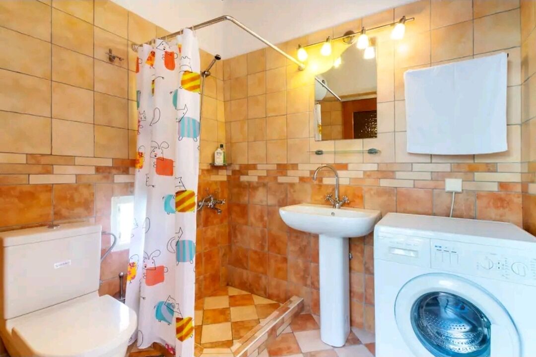Een badkamer met douche, toilet, wastafel en wasmachine.