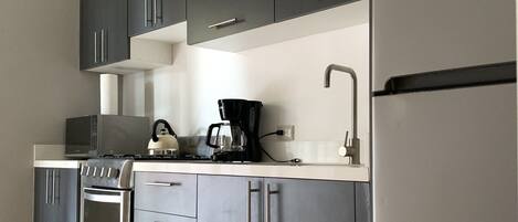 Fridge, microwave, oven, stovetop