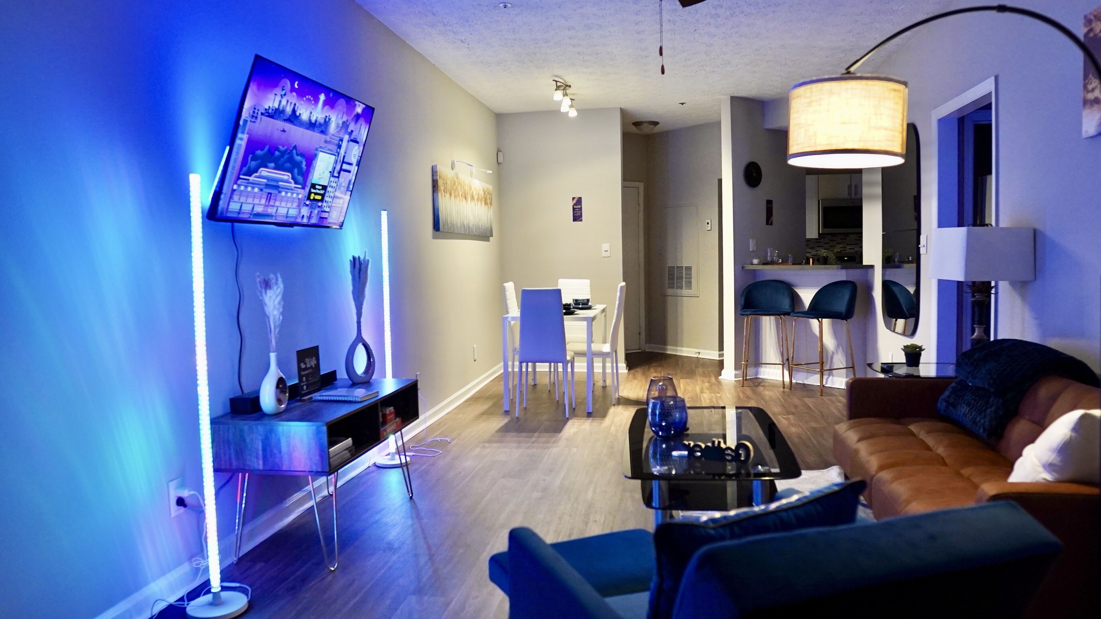 Smart TV, fireplace, books