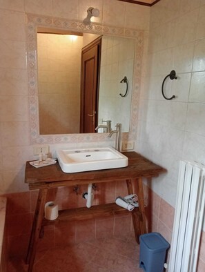 Chuveiro, secador de cabelo, bidê, toalhas de banho