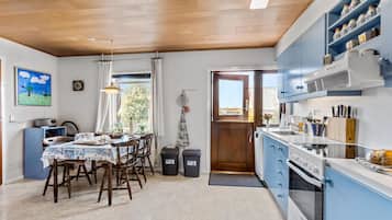 Fridge, stovetop, dishwasher, coffee/tea maker