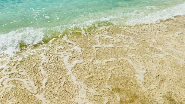 A beach with clear turquoise water and a sandy shore.
