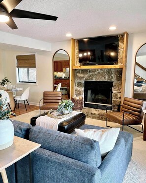 Smart TV, fireplace, books, music library