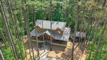 Une cabane avec un toit en métal, entourée de grands arbres.