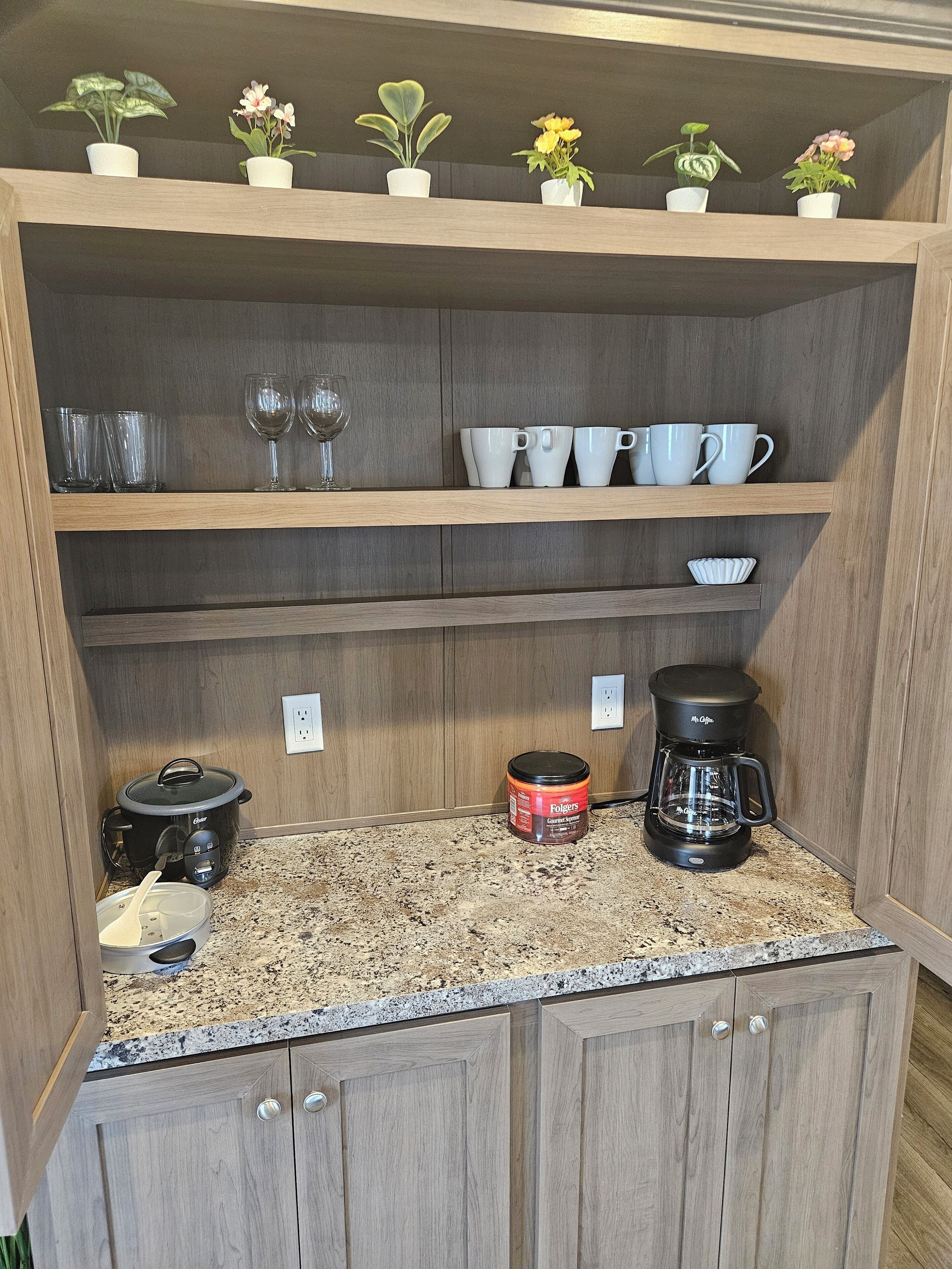 Et køkken med træskabe, en barlåde af granit, en slow cooker, en kaffemaskine og en hylde med plantede potteplanter.