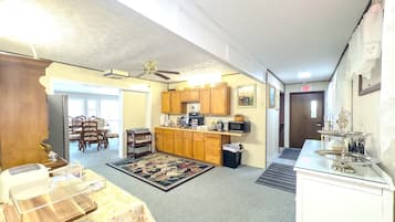 Fridge, microwave, coffee/tea maker, toaster