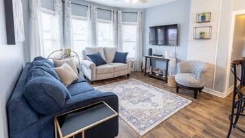 Smart TV, fireplace, books