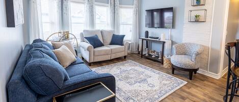 Smart TV, fireplace, books