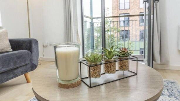 Una sala de estar moderna con una mesita de centro redonda, un vaso de leche y tres plantas en macetas.