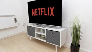 Una sala de estar moderna con un televisor de pantalla plana mostrando el logotipo de Netflix, un mueble blanco para equipo multimedia y una planta en maceta.