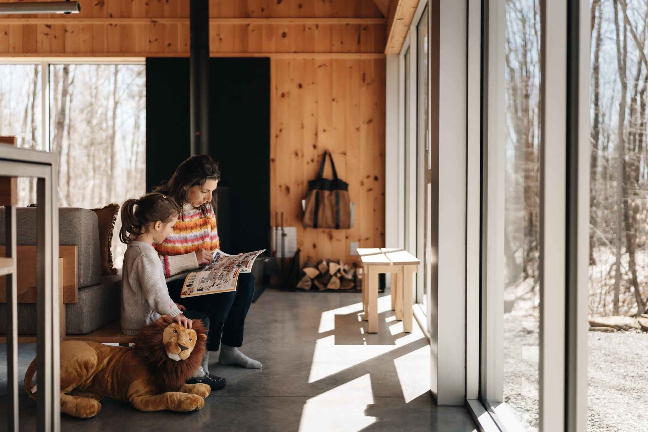 A cozy cabin interior with a wooden interior, a large window, and a lion plush toy on the floor.
