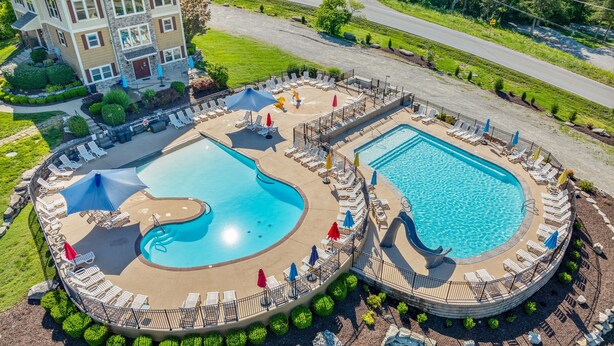 A large outdoor swimming pool with multiple lanes and a separate smaller pool, surrounded by lounge chairs and umbrellas. - Dog-Friendly 2BR Lodge, Pool by Big Cedar (Hollister)