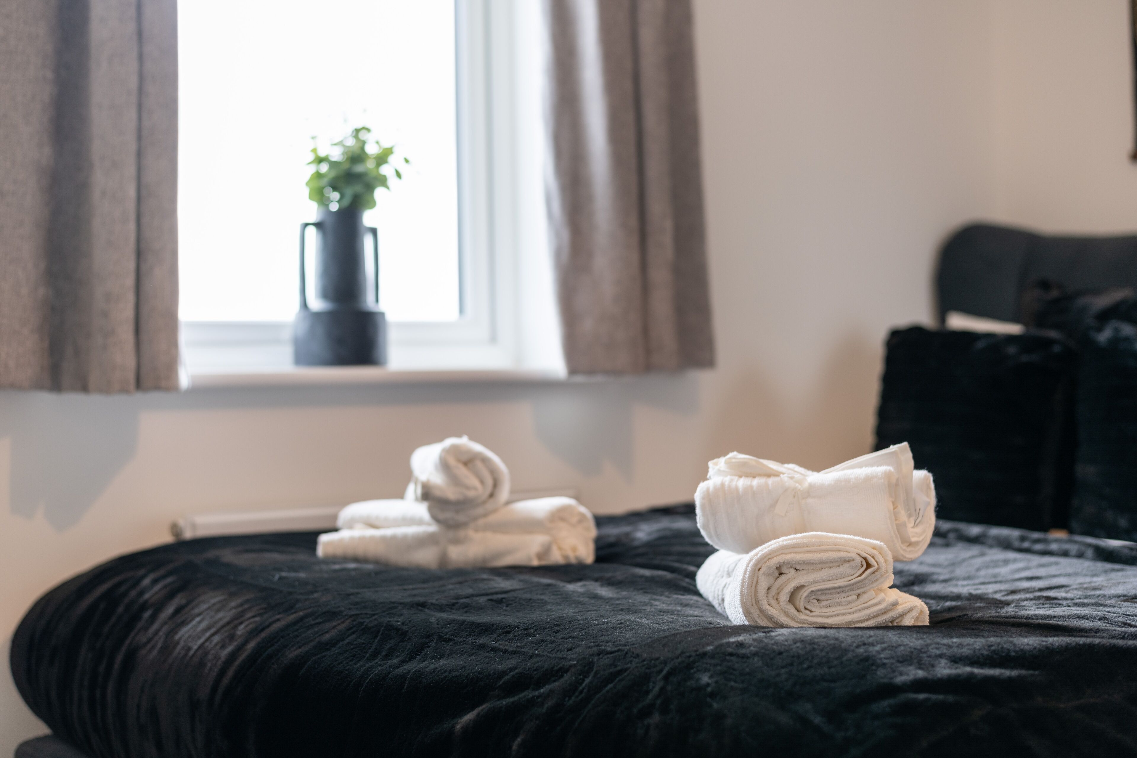 A neatly made bed with rolled towels, a potted plant on the windowsill, and a dark-colored headboard.