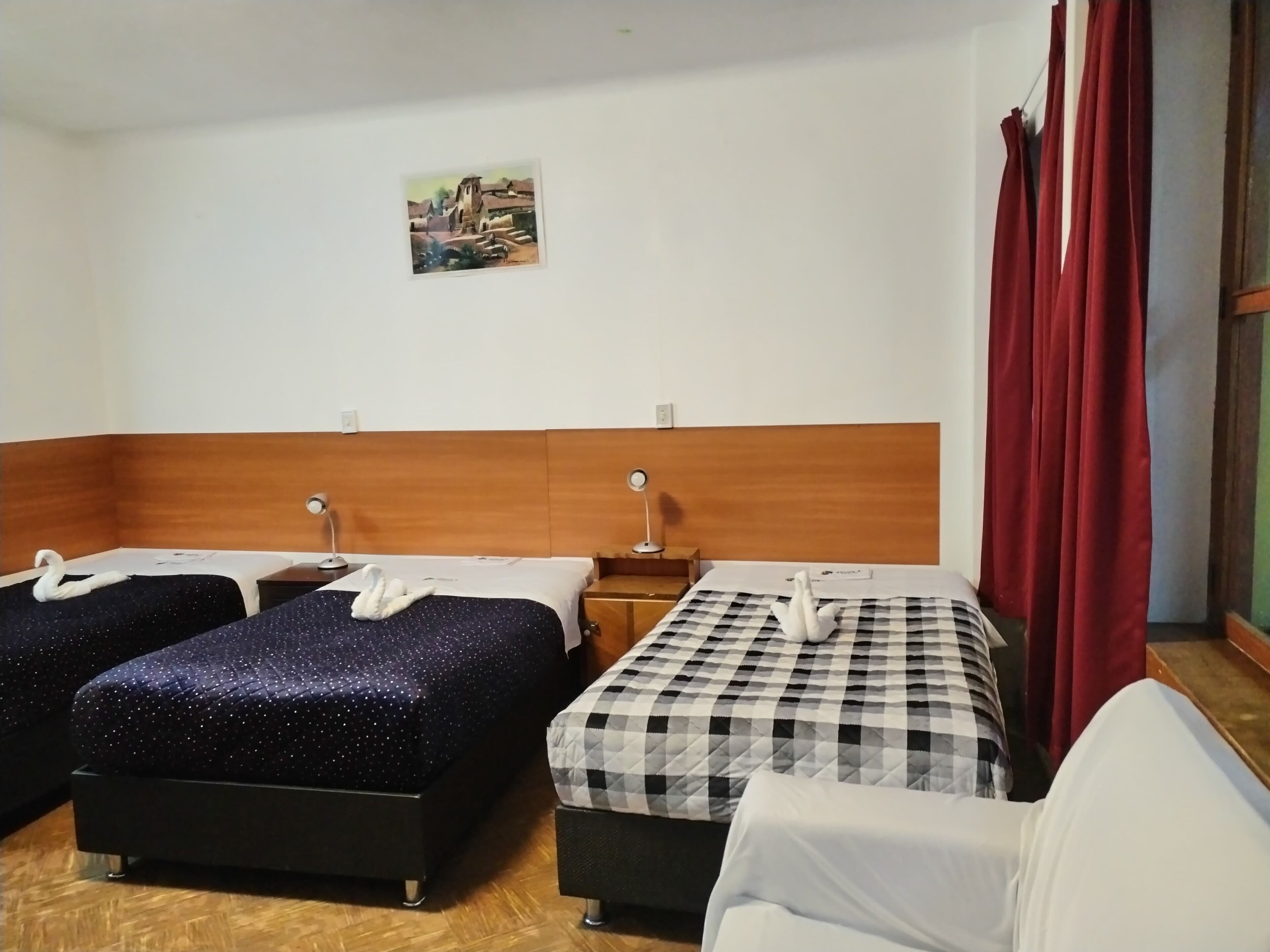 A hotel room with two single beds, a wooden headboard, a small bedside table with a lamp, a red curtain, and a painting on the wall.