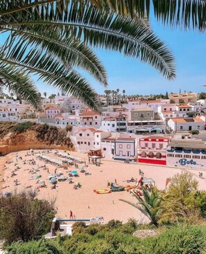 A coastal town with a beach, buildings, and palm trees.