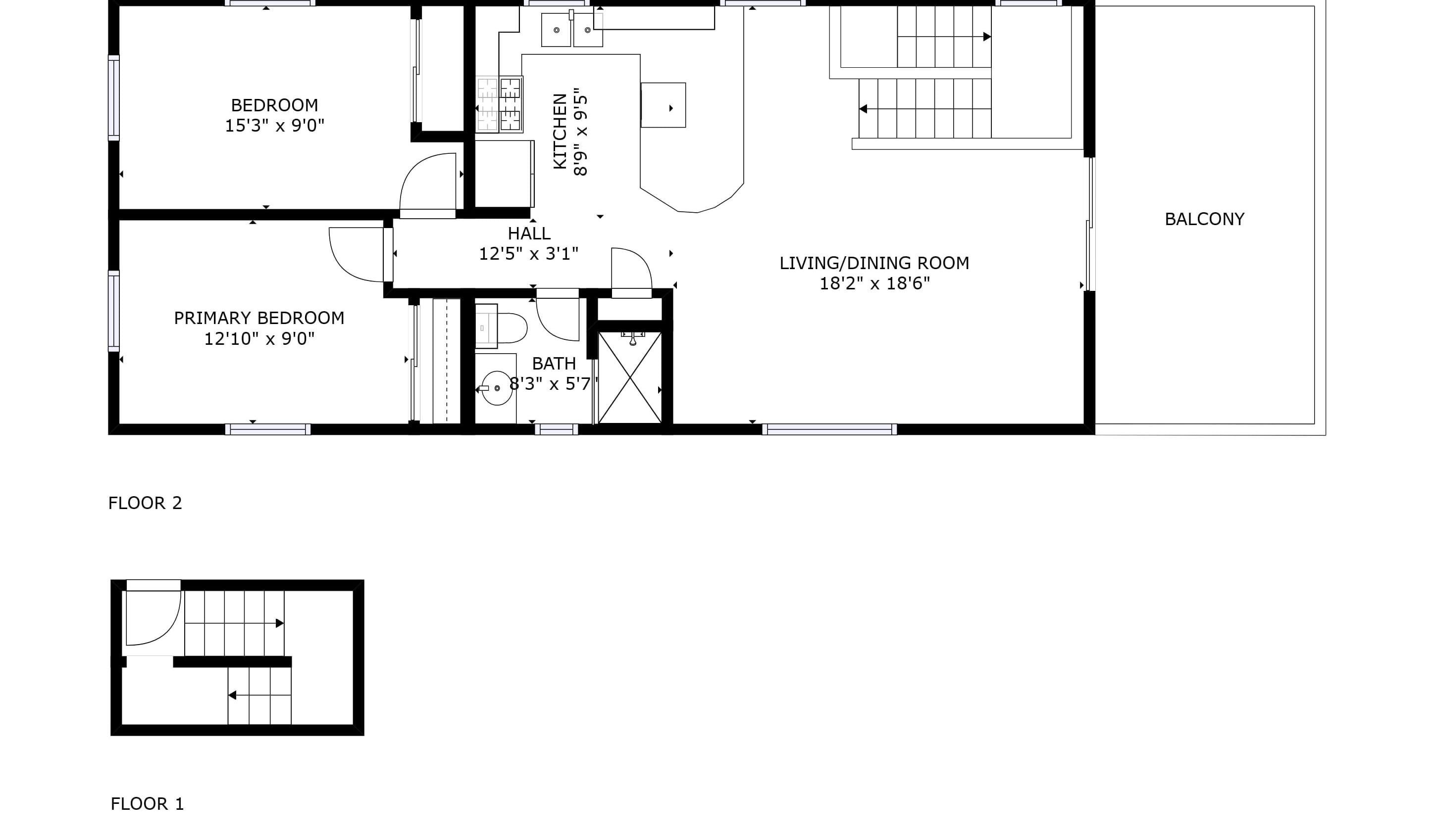A floor plan of a hotel with a bedroom, primary bedroom, kitchen, hall, living/dining room, and balcony.