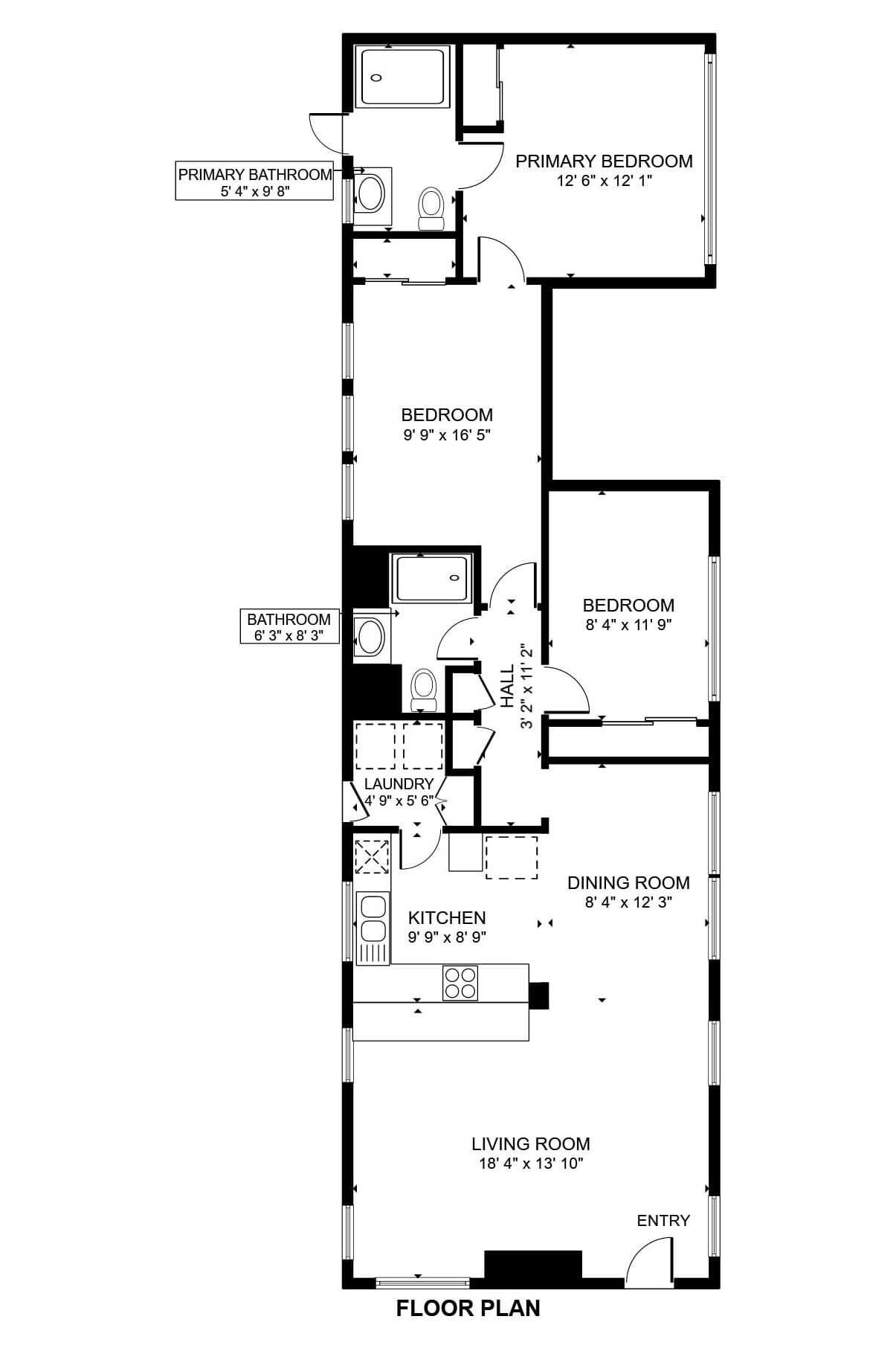 Plano de planta que muestra un dormitorio principal, un dormitorio secundario, baño, cocina, comedor, sala de estar y entrada.