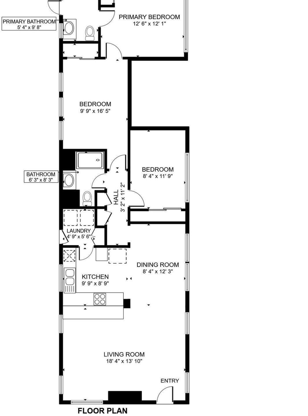 Un plan d’étage comprenant une salle de bain principale, une chambre principale, deux chambres, une cuisine, une salle à manger, un salon, une salle de bain et une buanderie.