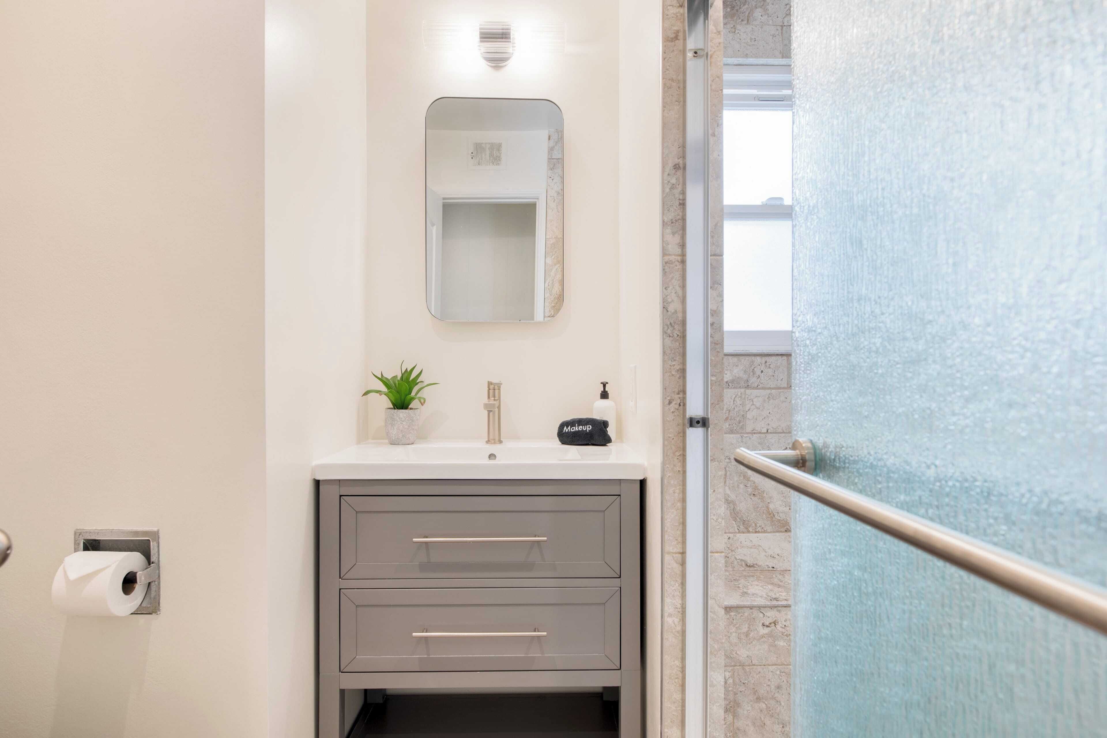 A bathroom with a toilet paper holder, a sink with a mirror, a potted plant, and a makeup station.