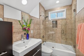 Shower, hair dryer, towels, soap - Location Location Location (Corona Del Mar)