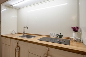 Fridge, stovetop, cookware/dishes/utensils