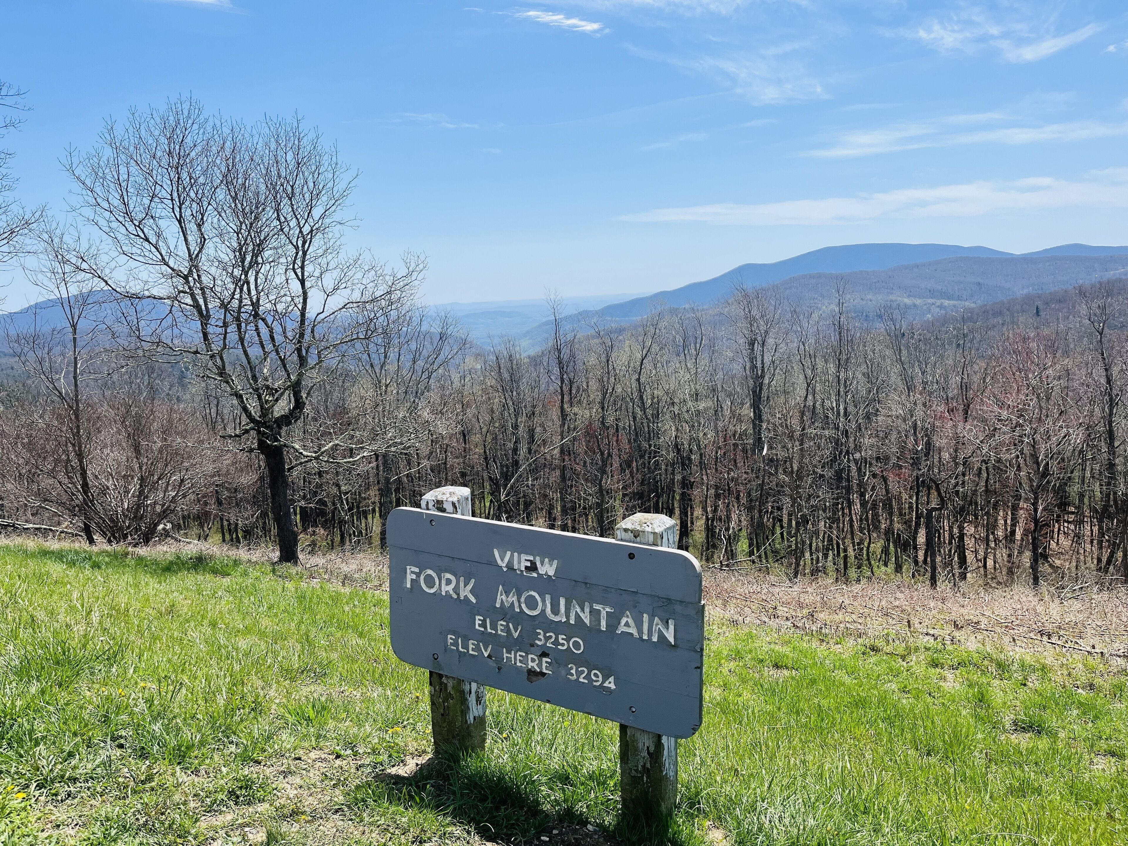 A sign indicating the view of Fork Mountain with an elevation of 3250 feet.