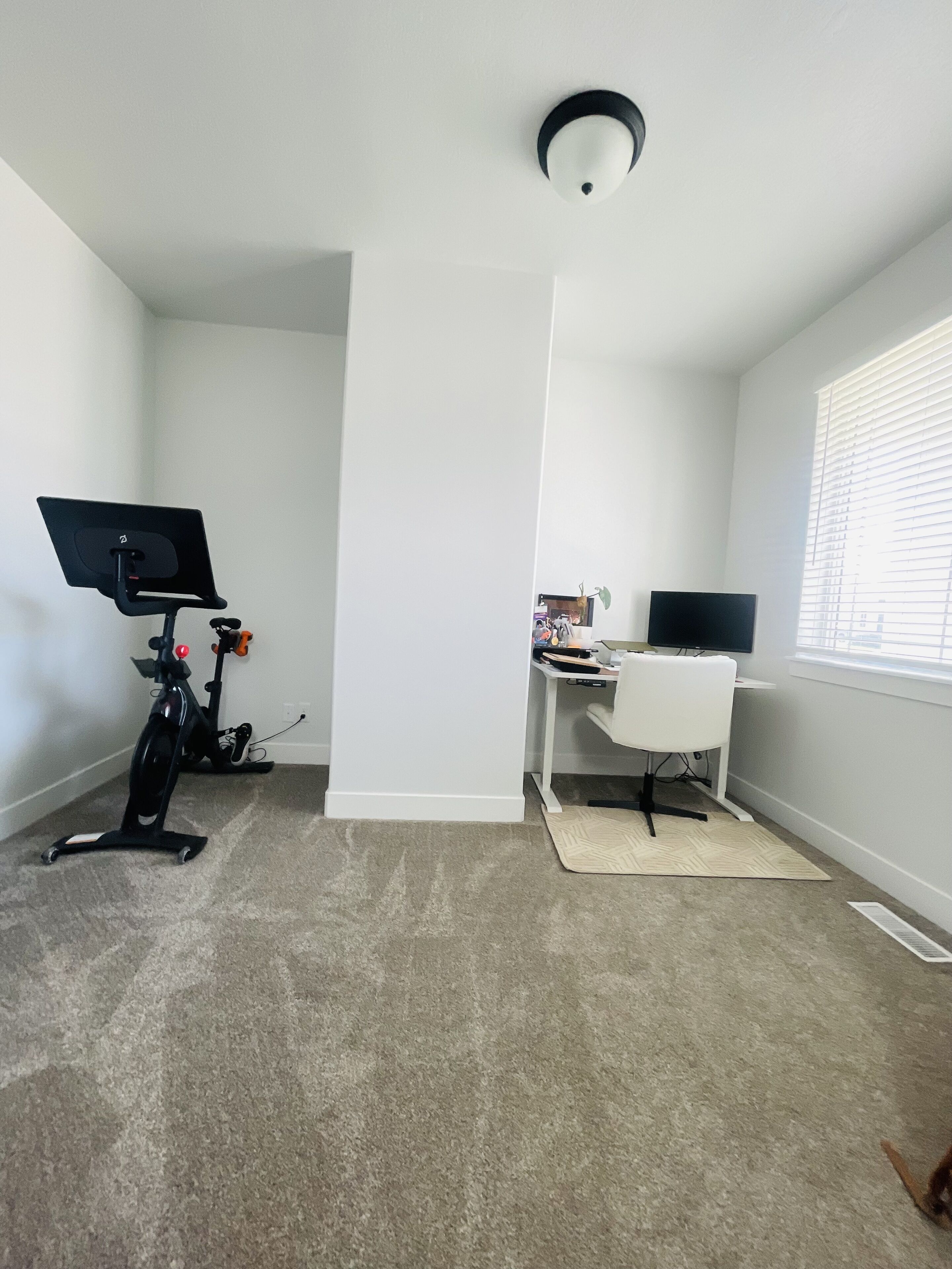 A room with a white wall, a ceiling-mounted light fixture, a desk with a computer, and exercise equipment.