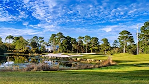 Un parcours de golf doté d’un étang, de bunkers de sable et de grands arbres.