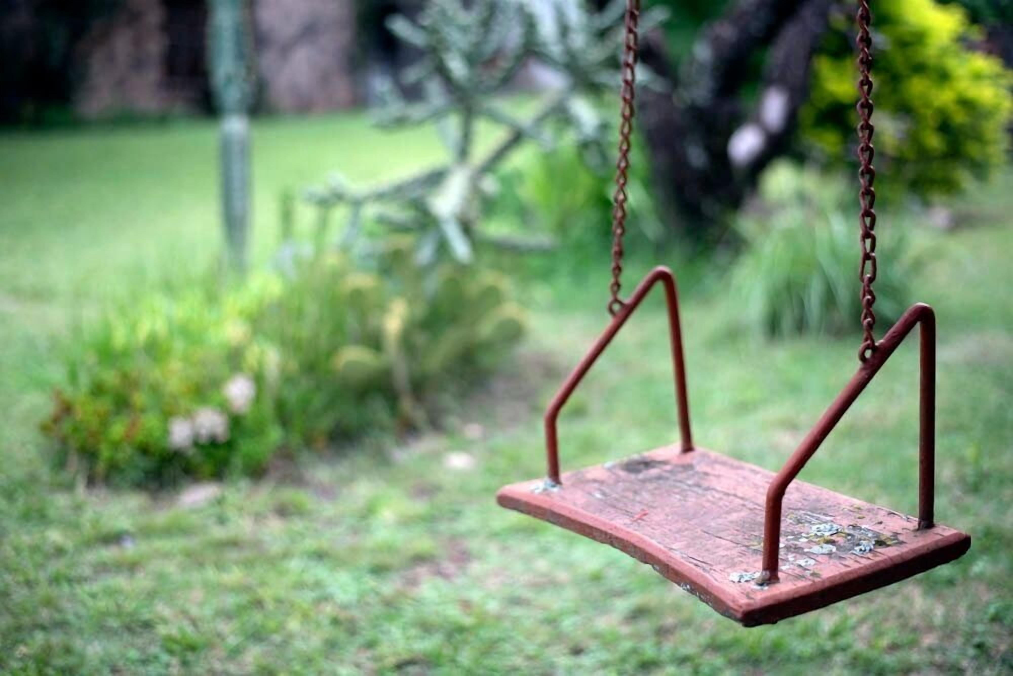 Une balançoire en bois suspendue à des chaînes métalliques dans un jardin.