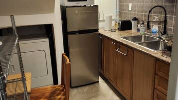Fridge, microwave, electric kettle, toaster