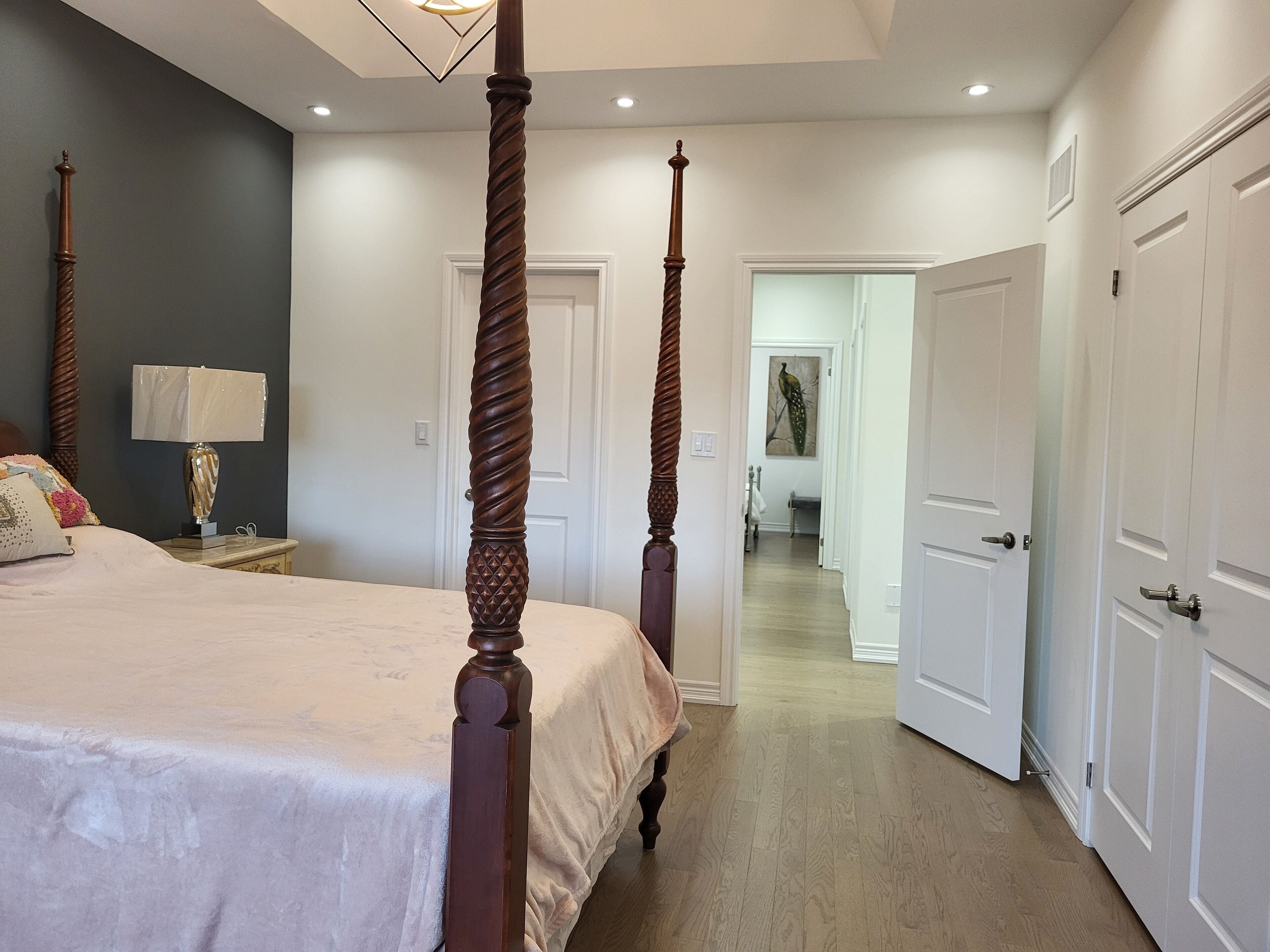Une chambre à coucher avec un lit à baldaquin, une table de chevet avec une lampe et un couloir menant à une salle de bain.