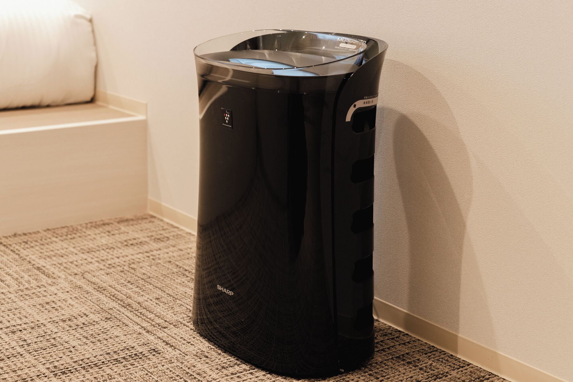 A black trash bin in a corner of a room with a beige carpet and a white wall.