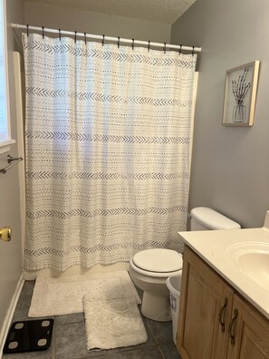 A bathroom with a shower curtain, toilet, sink, and a framed picture on the wall. - Charming House near Ole Miss  (Oxford)
