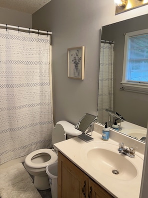 A bathroom with a toilet, sink, and shower curtain.