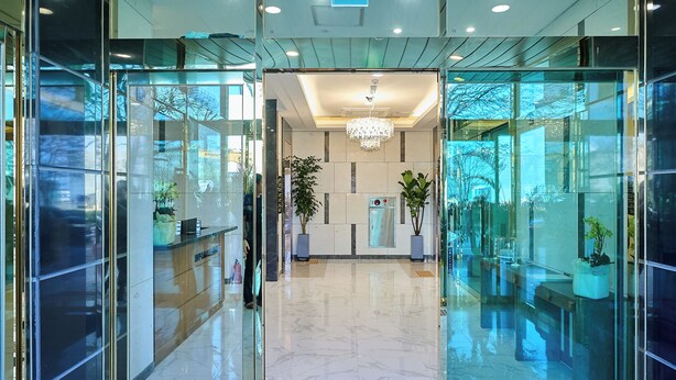 A modern hotel lobby with glass doors, a chandelier, potted plants, and a reception desk. - mir hotel (Sokcho)