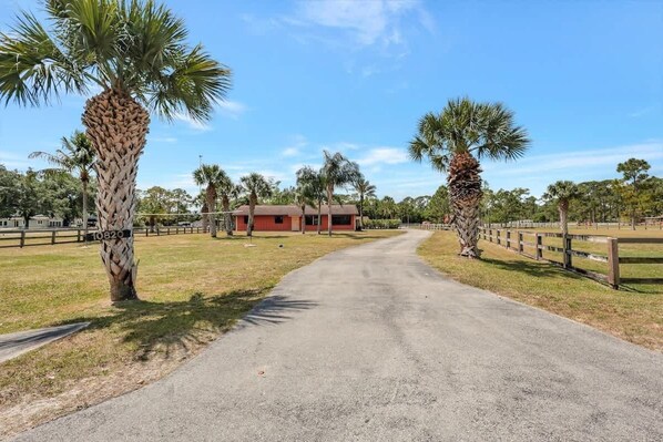 A rural road leading to a red building, surrounded by palm trees and open fields. - Equestrian Villa w/Pool & Volleyball, Near Polo (Wellington)