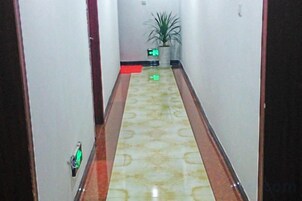 Un pasillo con piso estampado, una planta en maceta y un felpudo rojo.