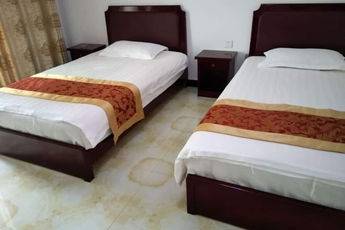 Two single beds with wooden headboards, a small bedside table, and a nightstand.