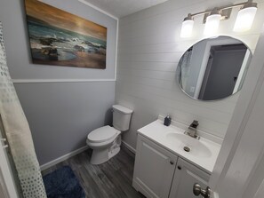 Douche, séchoir à cheveux, serviettes fournies, savon