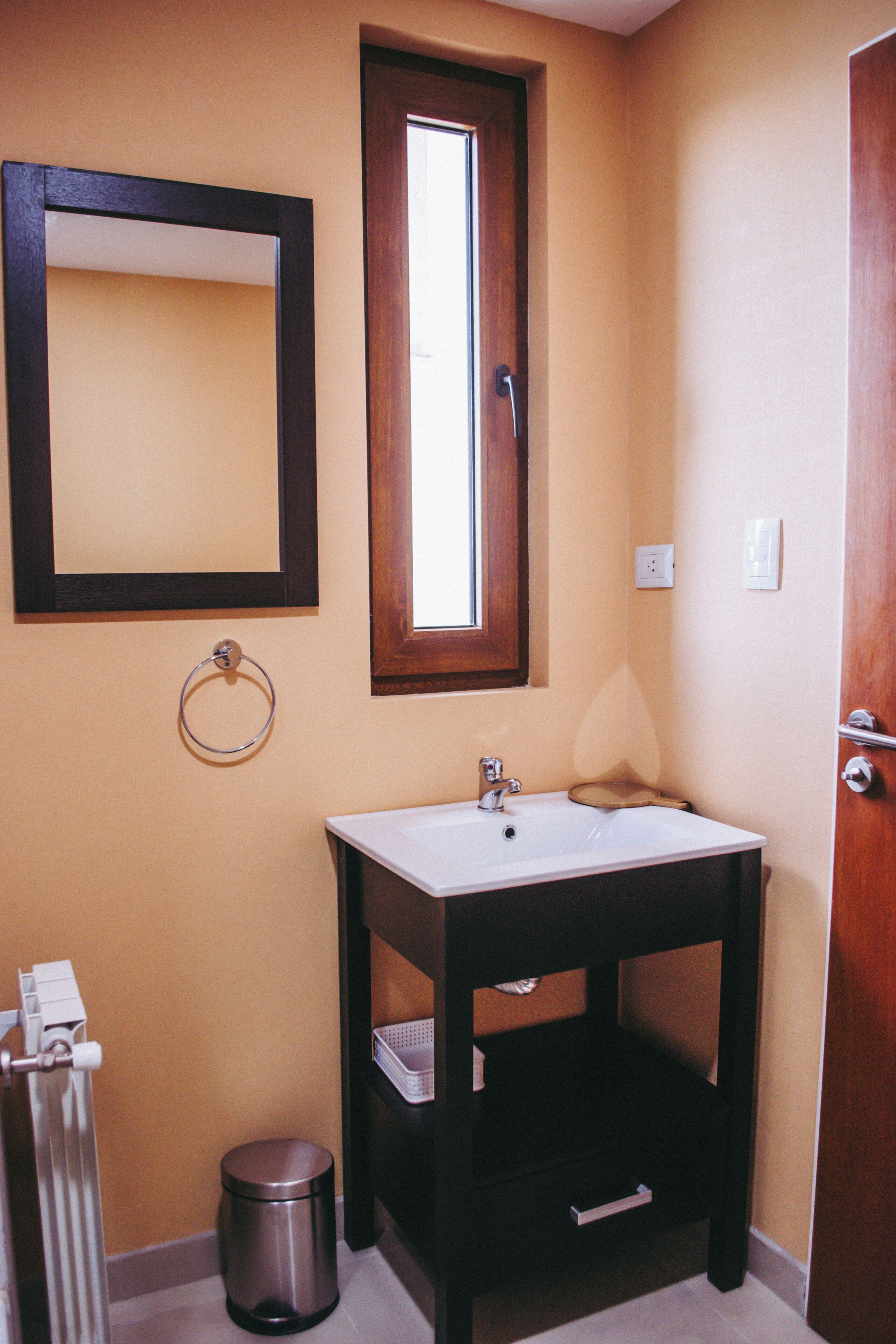 A bathroom with a sink, mirror, window, and a trash can.