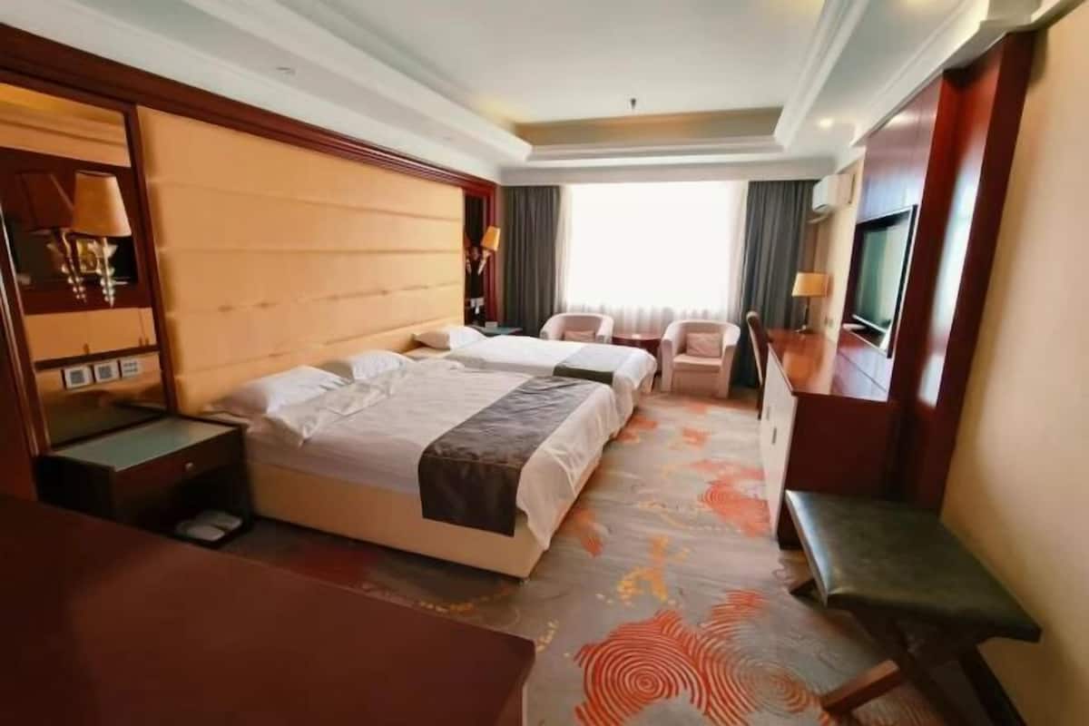A hotel room with a large bed, a desk, a chair, a TV, and a window.