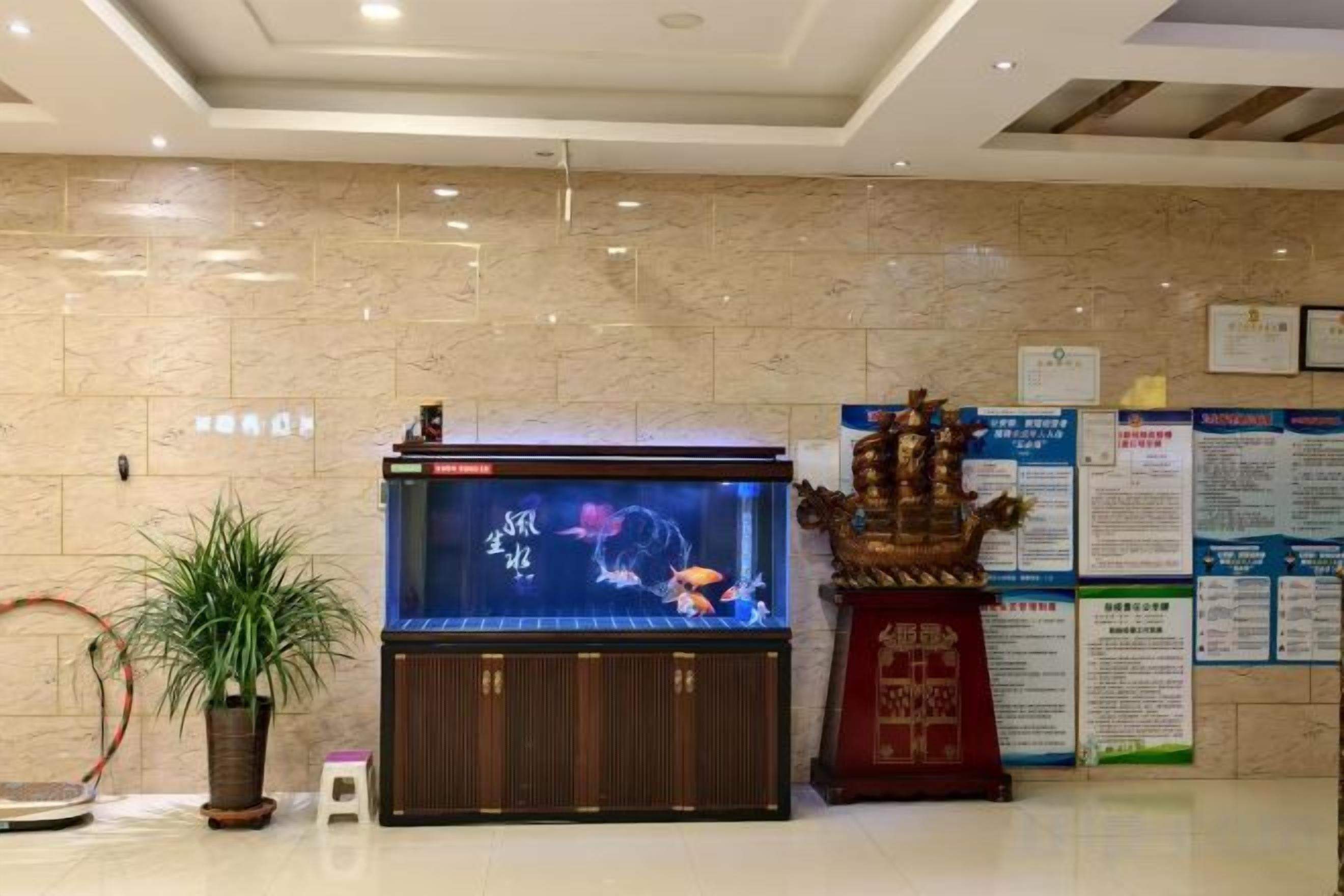A reception area with a fish tank, a potted plant, and informational posters on the wall.