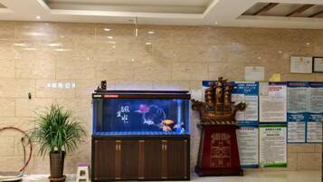 A reception area with a fish tank, a potted plant, and informational posters on the wall.