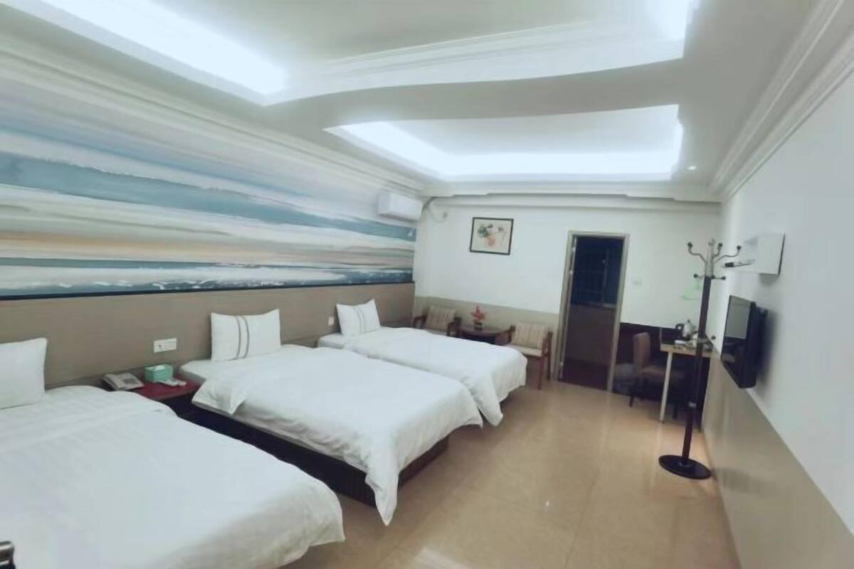 Une chambre d’hôtel avec trois lits, une lucarne, un téléviseur à écran plat et un tableau au mur.