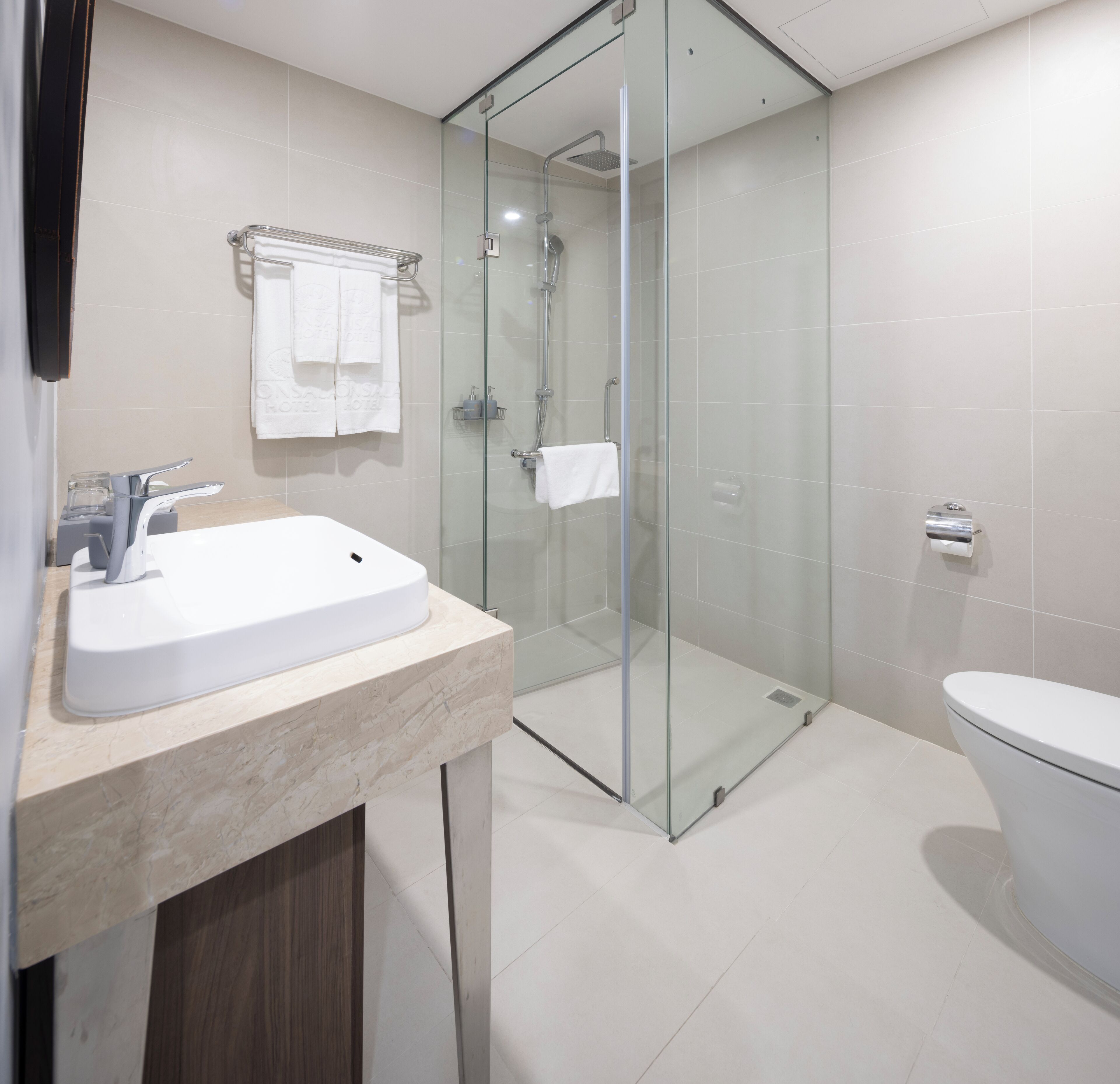 A modern bathroom with a glass-enclosed shower, a white sink, and a toilet.